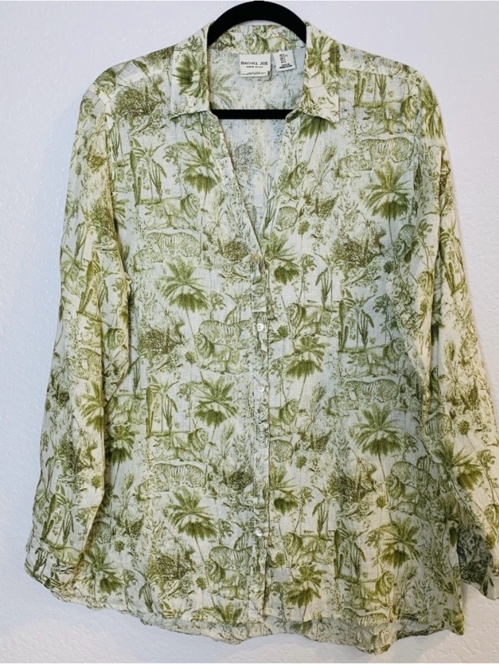 Rachel Zoe Toile Safari Lion Flax Linen Button Front Shirt Womens Large Green